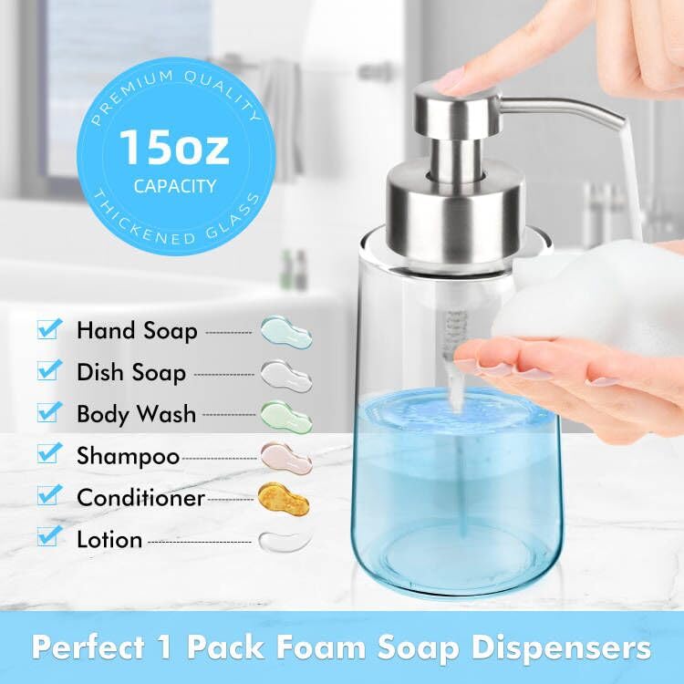 GLUBEE Thick Glass Soap Dispenser with Rust Proof Stainless Steel Pump, Clear Foam Soap Dispenser with Wide Opening for Kitchen and Bathroomï¼ˆ15 Ozï¼‰ - Image 2